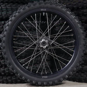 The 19" rear wheel for a Surron e-bike with OFF-ROAD tires.