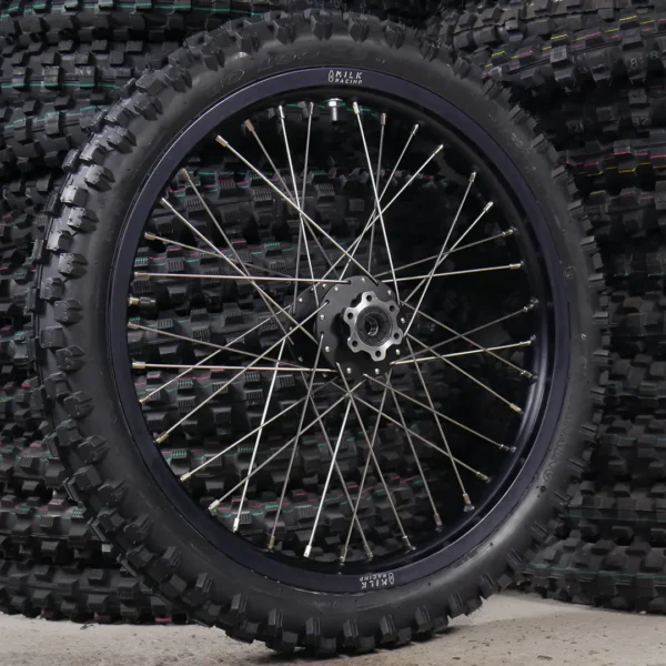 The 19" rear wheel for a Surron e-bike with OFF-ROAD tires.