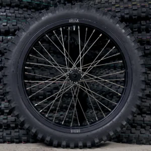 The 18” front wheel for a Surron e-bike with OFF-ROAD tires.