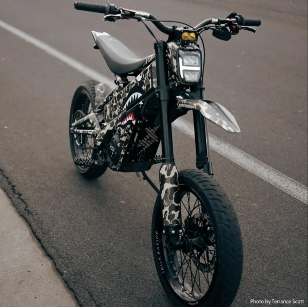 The 16&quot; Supermoto wheels are mounted on a Talaria XXX e-bike with ON-ROAD tires.