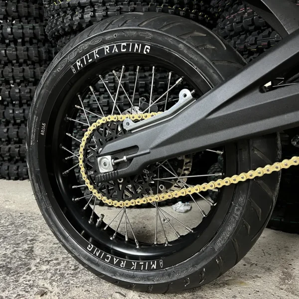 The 16" SuperMoto rear wheel is mounted on a Talaria e-bike with ON-ROAD tires.