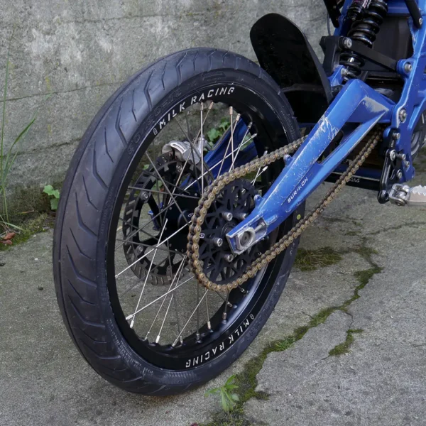 The 16” Supermoto Superlight Set is mounted on a Surron e-bike with ON-ROAD tires.