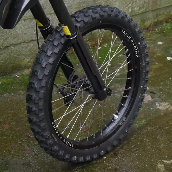 The 18" front wheel is mounted on a Talaria e-bike with OFF-ROAD tires.