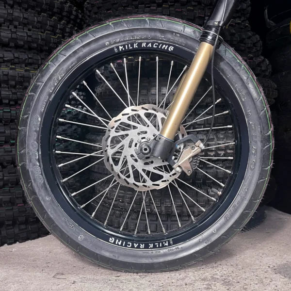 The 18” Supermoto Set is mounted on a Surron e-bike with ON-ROAD tires.