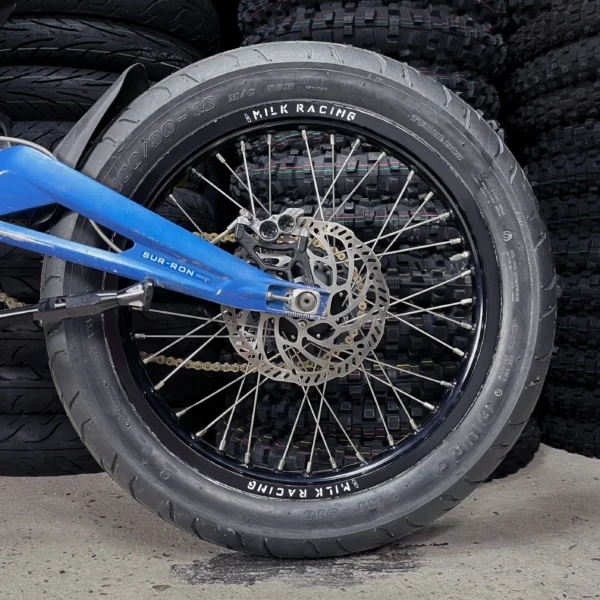 The 18” Supermoto Set is mounted on a Surron e-bike with ON-ROAD tires.