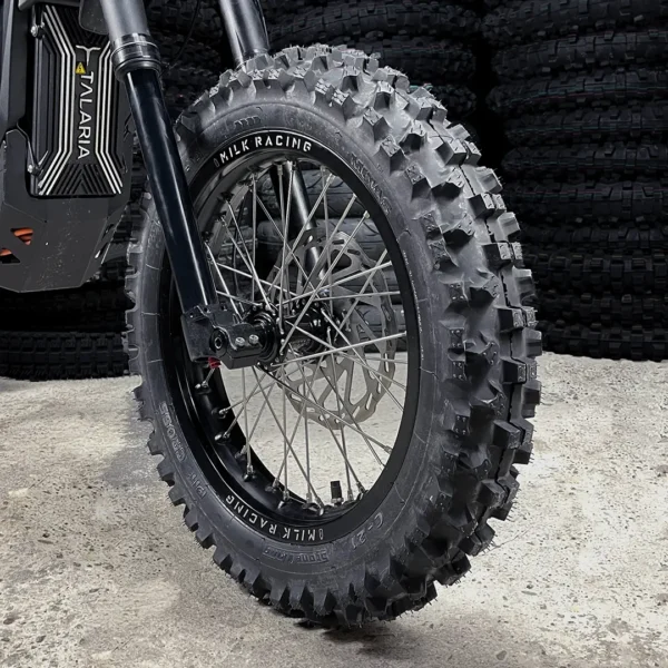 The 14” &amp; 12” PitBike Set is mounted on a Talaria e-bike with OFF-ROAD tires.