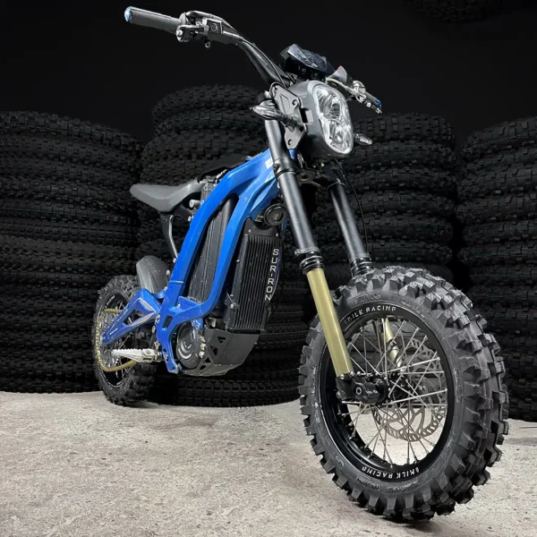 The 12” PitBike Set is mounted on a Surron e-bike with OFF-ROAD tires.