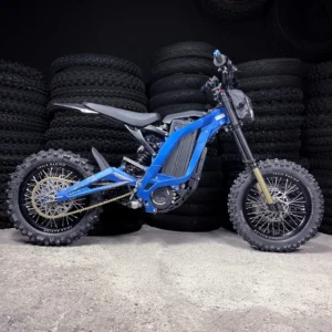The 14” PitBike Set is mounted on a Surron e-bike with OFF-ROAD tires.