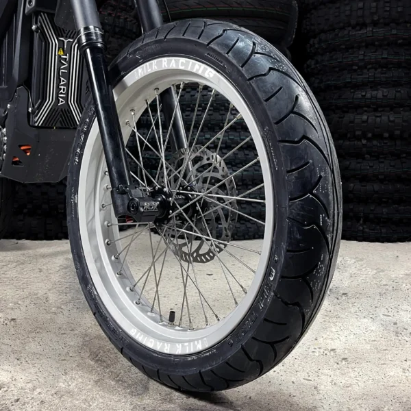 The 17” Supermoto front wheel is mounted on a Talaria e-bike with ON-ROAD tires.