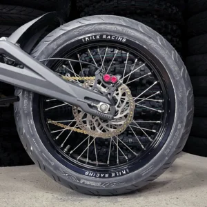 The 17" SuperMoto rear wheel is mounted on a Talaria e-bike with ON-ROAD tires