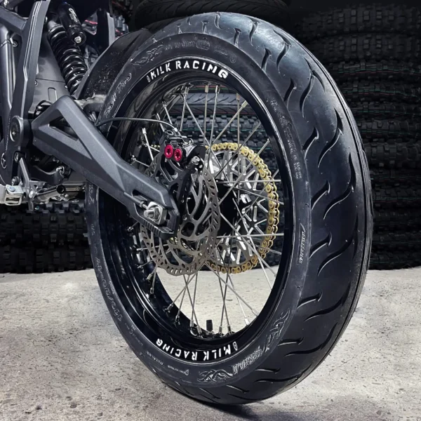 The 17" SuperMoto rear wheel is mounted on a Talaria e-bike with ON-ROAD tires