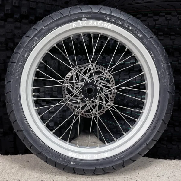 The 17" SuperMoto front wheel for a Talaria e-bike with ON-ROAD tires.