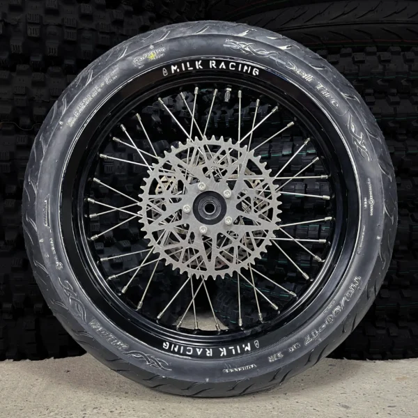 The 17" SuperMoto rear wheel for a Talaria e-bike with ON-ROAD tires.